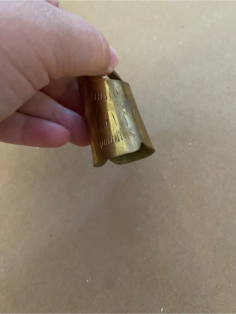 Brass Vintage gold Tone Bell etched, old, patina, Christmas bell Ange wing look